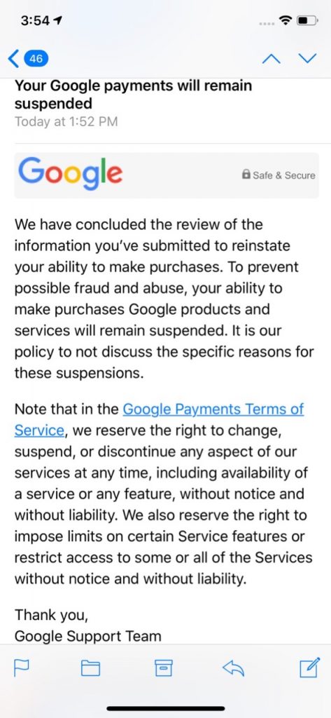 Google Play Fail - Rejected reinstatement