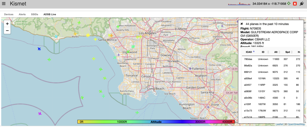 Kismet Live ADSB tracking in Malibu